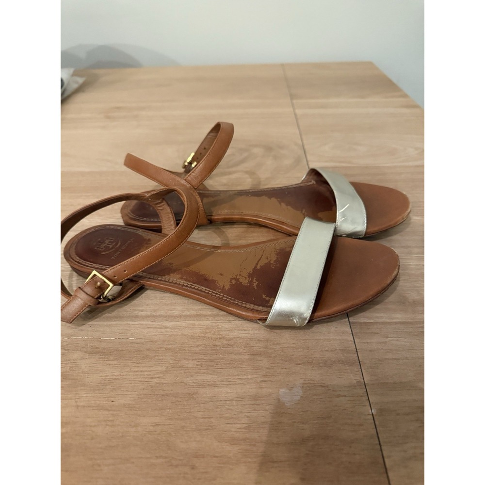 Tory Burch Laurel Sandals Women's Size 10M‎ Tan Leather Silver Band Ankle Strap